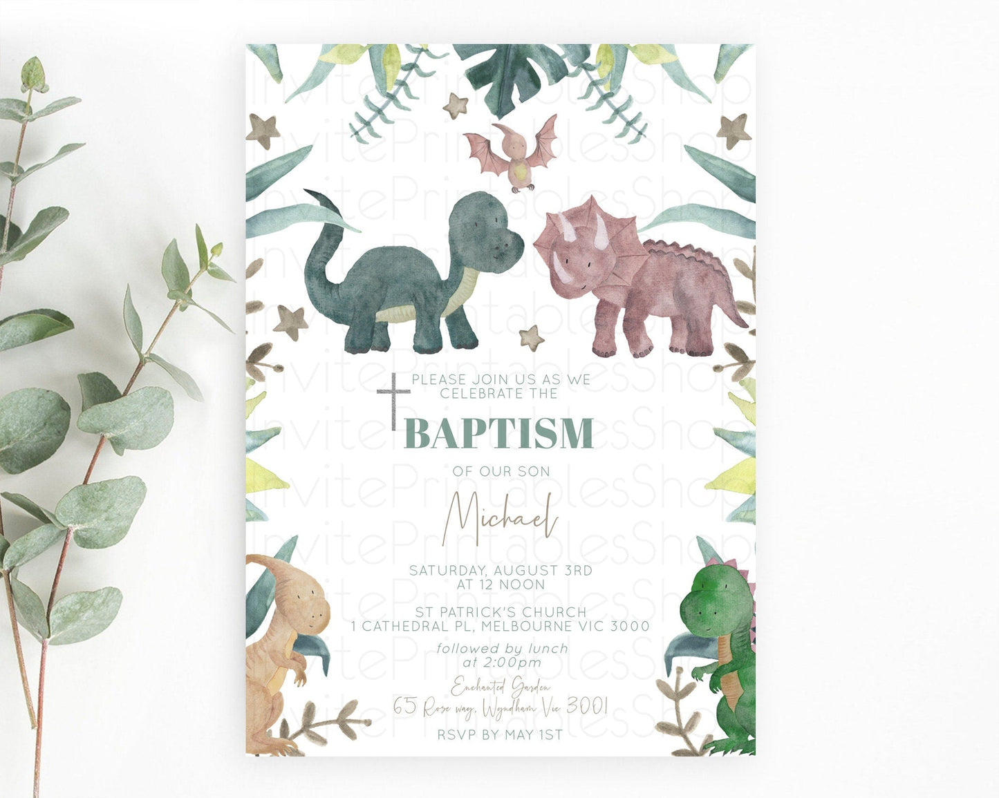 Dinosaur Baptism Invitation Dinosaur Volcano Baptism 1st Birthday Invitation Watercolor T-Rex Raptor Jurassic Christening Invitation D10597