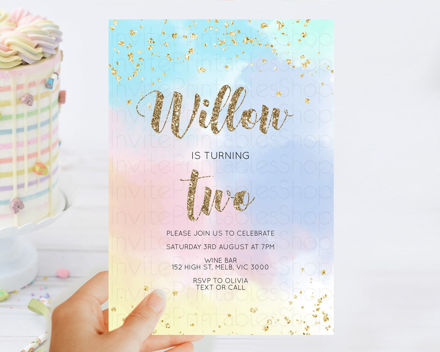 Editable Rainbow Birthday Invitation Colorful Pastel Watercolor Invitation G