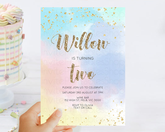 Editable Rainbow Birthday Invitation Colorful Pastel Watercolor Invitation G