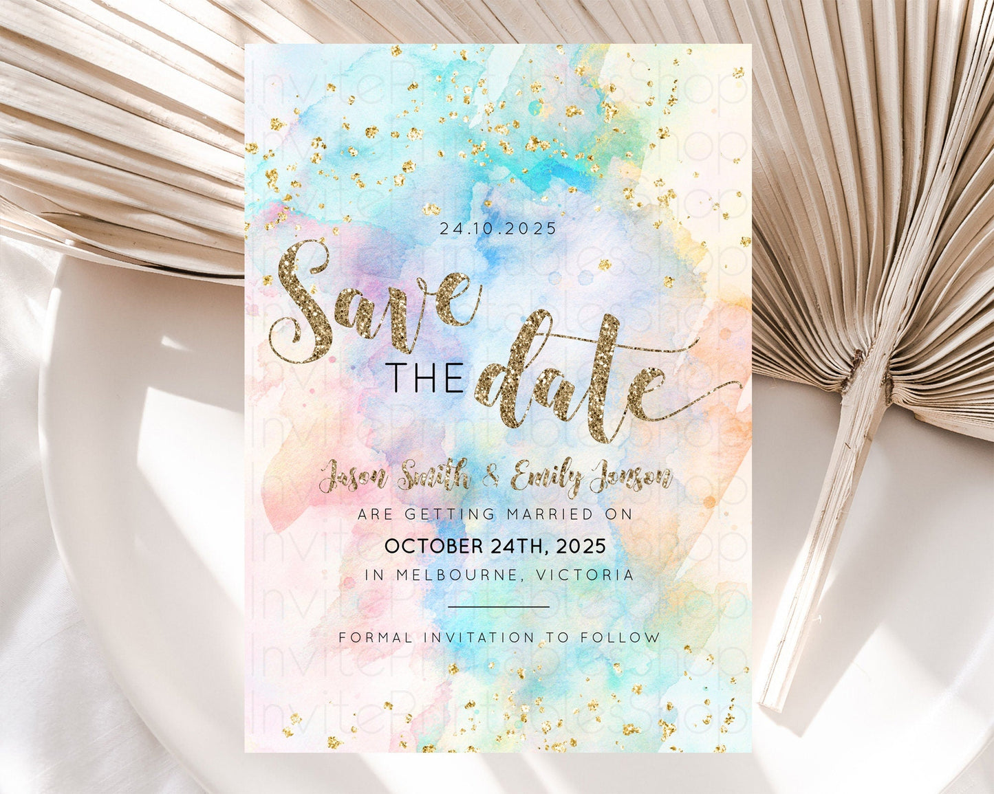 Pastel Save The Date Template Pastel Ombre Rainbow Watercolor Colorful Party For Birthday Baptism Baby Shower Wedding Bridal Shower D10261
