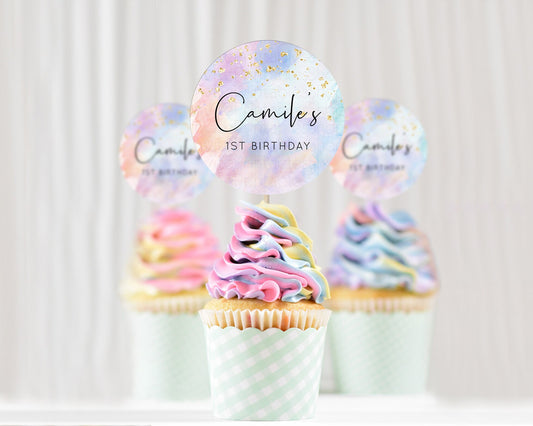 Editable Rainbow Cupcake Toppers Pastel Cupcake Toppers Colorful Pastel Wate