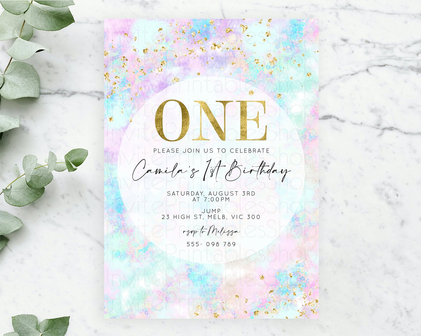 Rainbow Birthday Invitation Colorful Pastel Watercolor Invitation Gold Glitter Sprinkles Ombre Pastel 1st 2nd 3rd Birthday D10652
