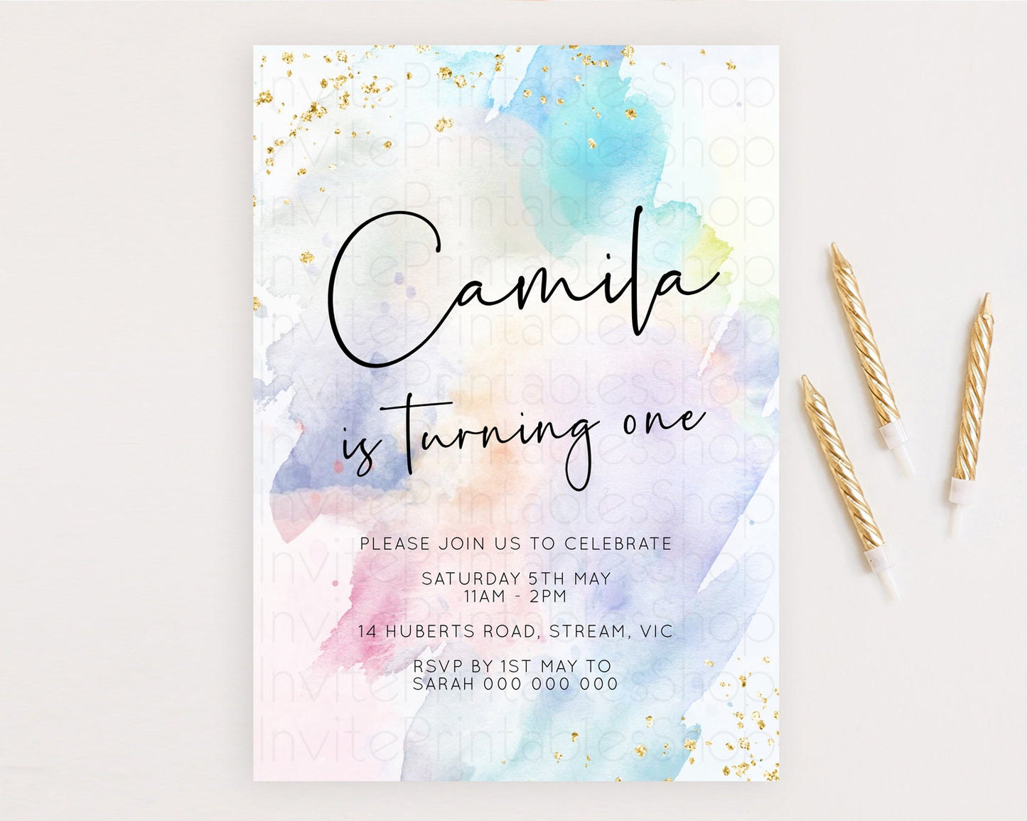Rainbow Birthday Invitation Colorful Pastel Watercolor Invitation Gold Glitter Sprinkles Ombre Pastel 1st 2nd 3rd Birthday D10422