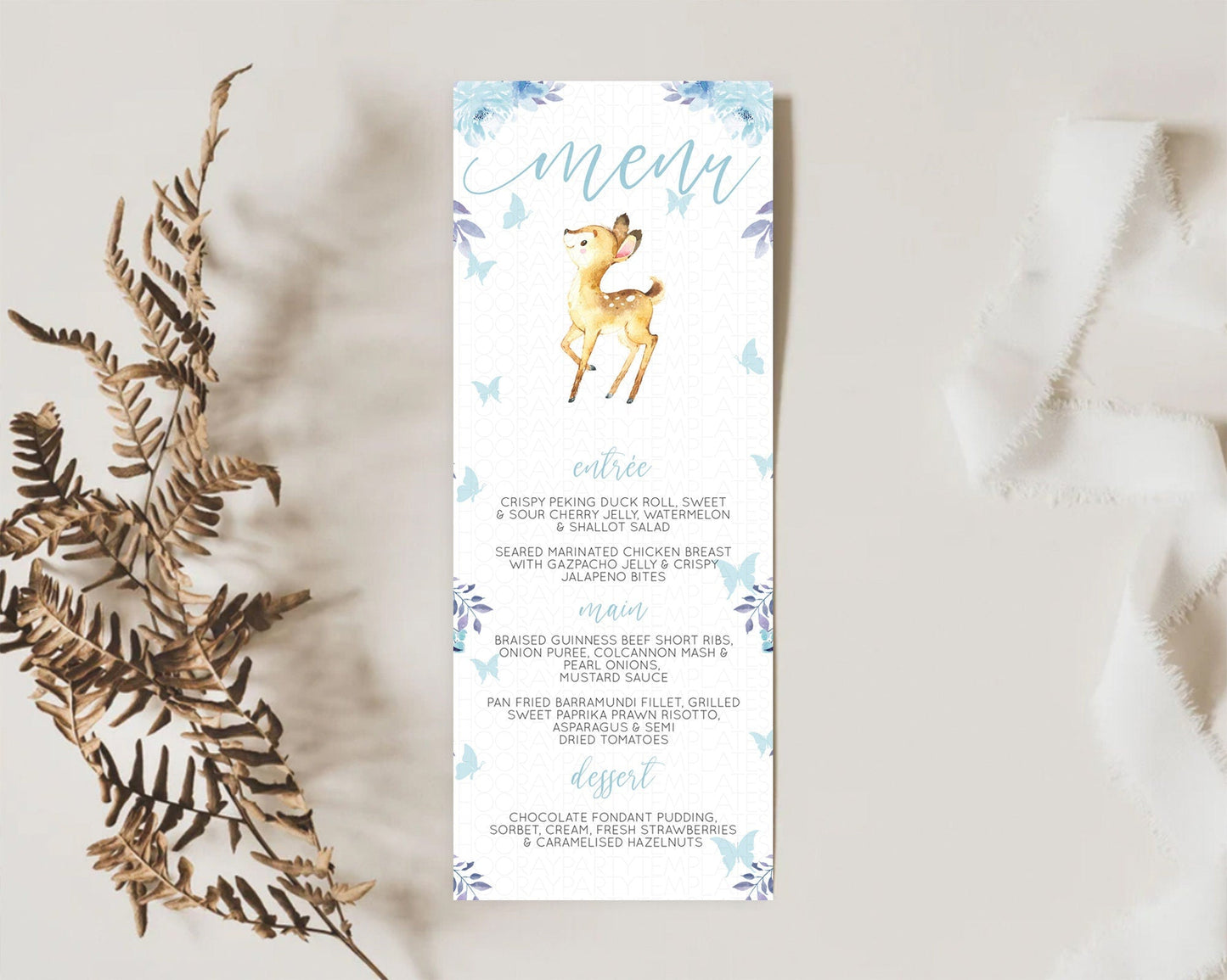 Fawn Menu Deer Menu Template Pastel Floral Deer Table Decor Enchanted Forest Butterfly Floral Dinner Dessert Menu Party Food Menu D10917