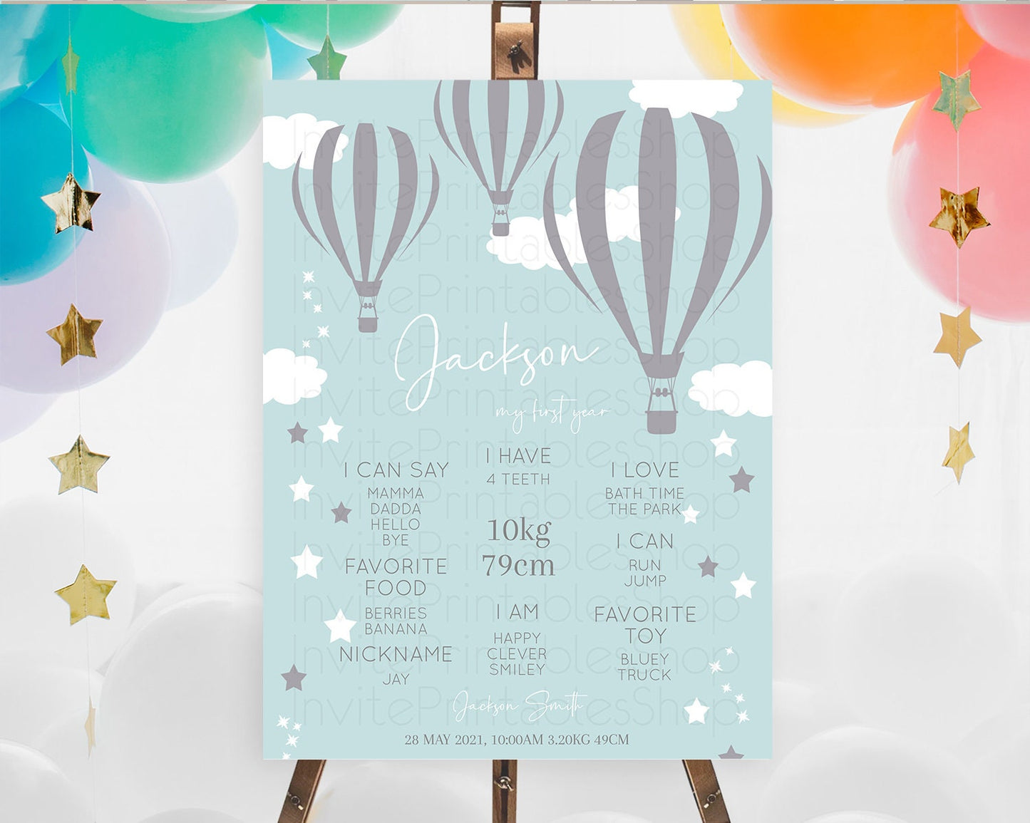 Hot Air Balloon First Birthday Milestone Poster Hot Air Balloon Milestone Board Adventure Awaits Blue Watercolor 1st Birthday Boy D10324