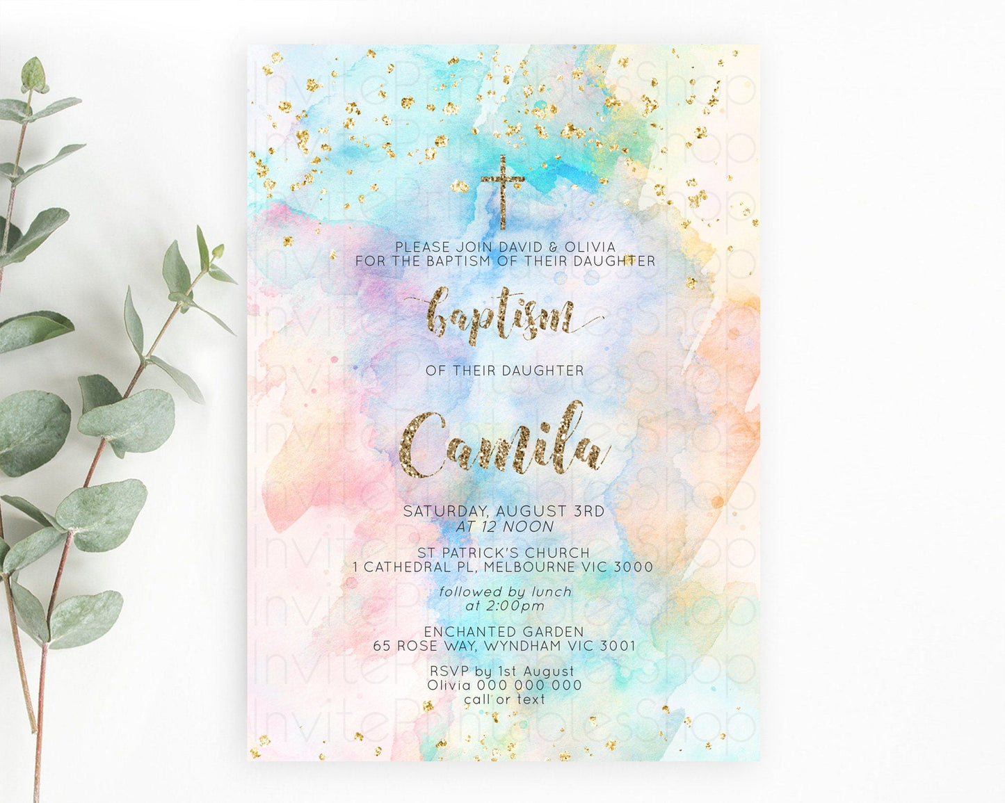 Pastel Baptism Invitation Pastel Colors Watercolor Baptism 1st Birthday Party Gold Ombre Pastel Rainbow Christening Holy Communion D10261