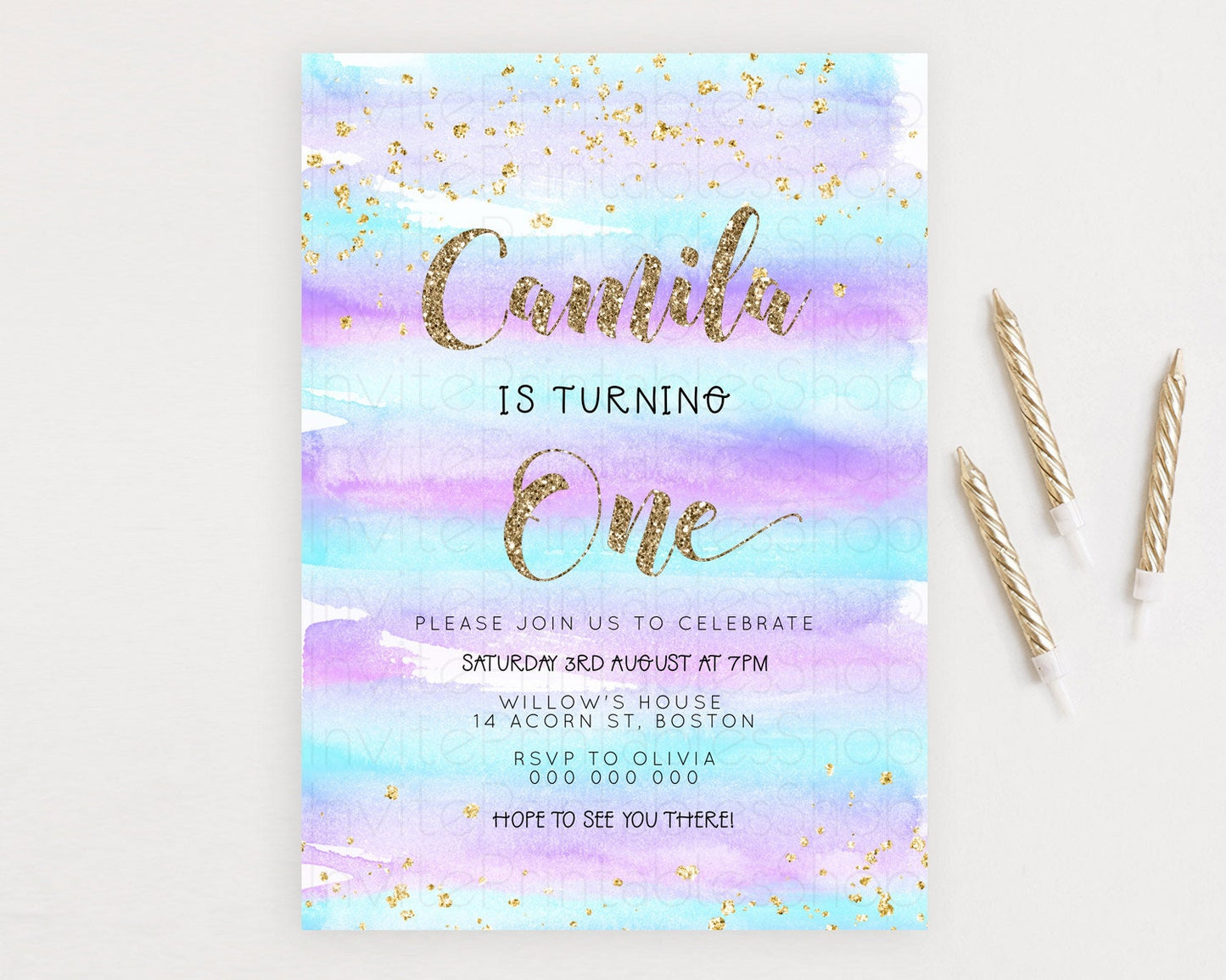 Rainbow Birthday Invitation Colorful Pastel Watercolor Invitation Gold Glitter Sprinkles Ombre Pastel 1st 2nd 3rd Birthday D23264