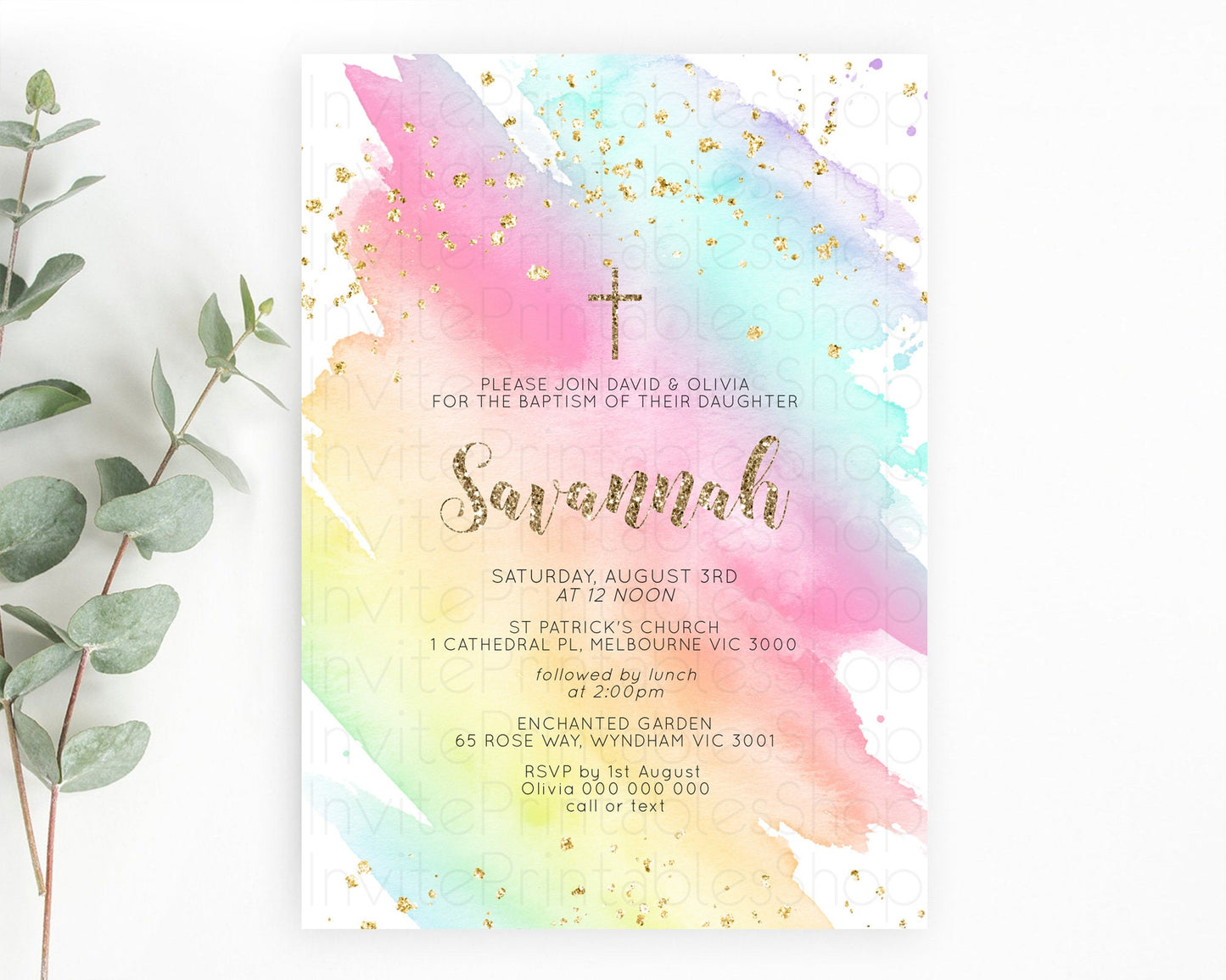 Pastel Baptism Invitation Pastel Colors Watercolor Baptism 1st Birthday Party Gold Ombre Pastel Rainbow Christening Holy Communion D10495