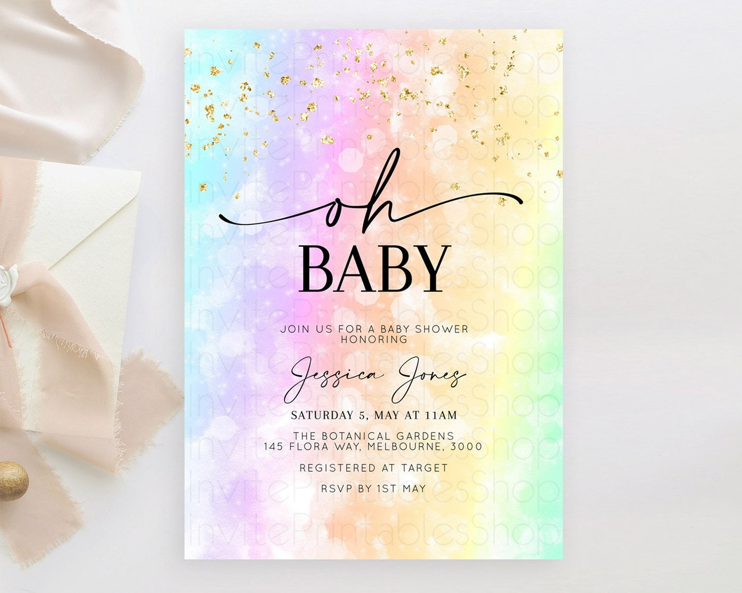 Pastel Watercolor Baby Shower Invitation with Iridescent & Gold Glitter Sprinkles, Ombre Effect - Teal, Purple, Yellow, and Green D10647