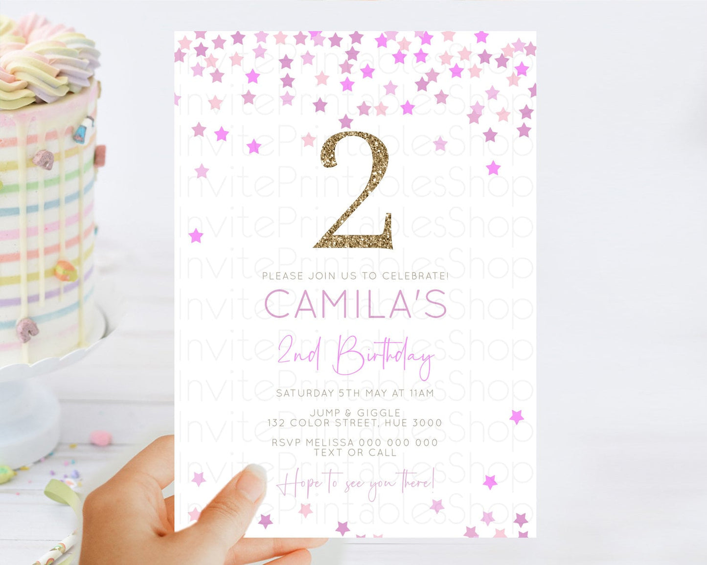 Star Birthday Invitation Pastel Stars Invite Shooting Star Party Rainbow Colorful Confetti Twinkle Little Star 2nd First Birthday D10403