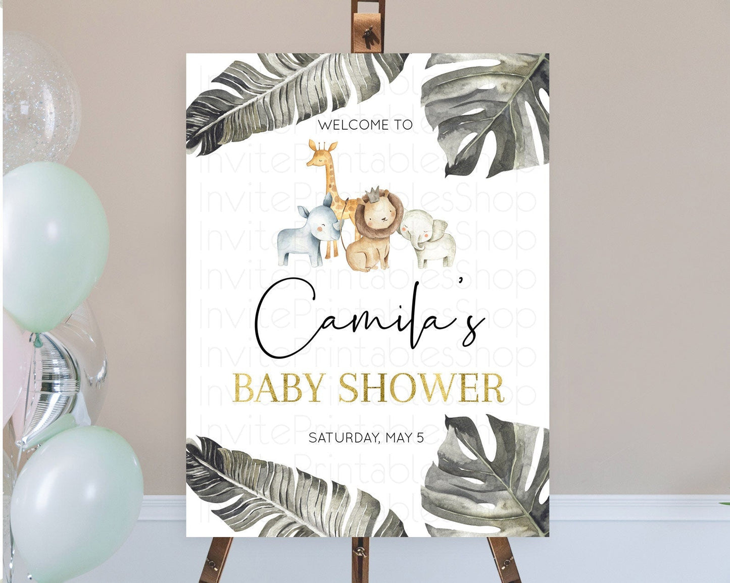 Safari Baby Shower Welcome Sign Safari Welcome Board Lion Gorilla Elephant Rhino Tropical Palm Zoo Party Decor Safari Welcome Poster D10599