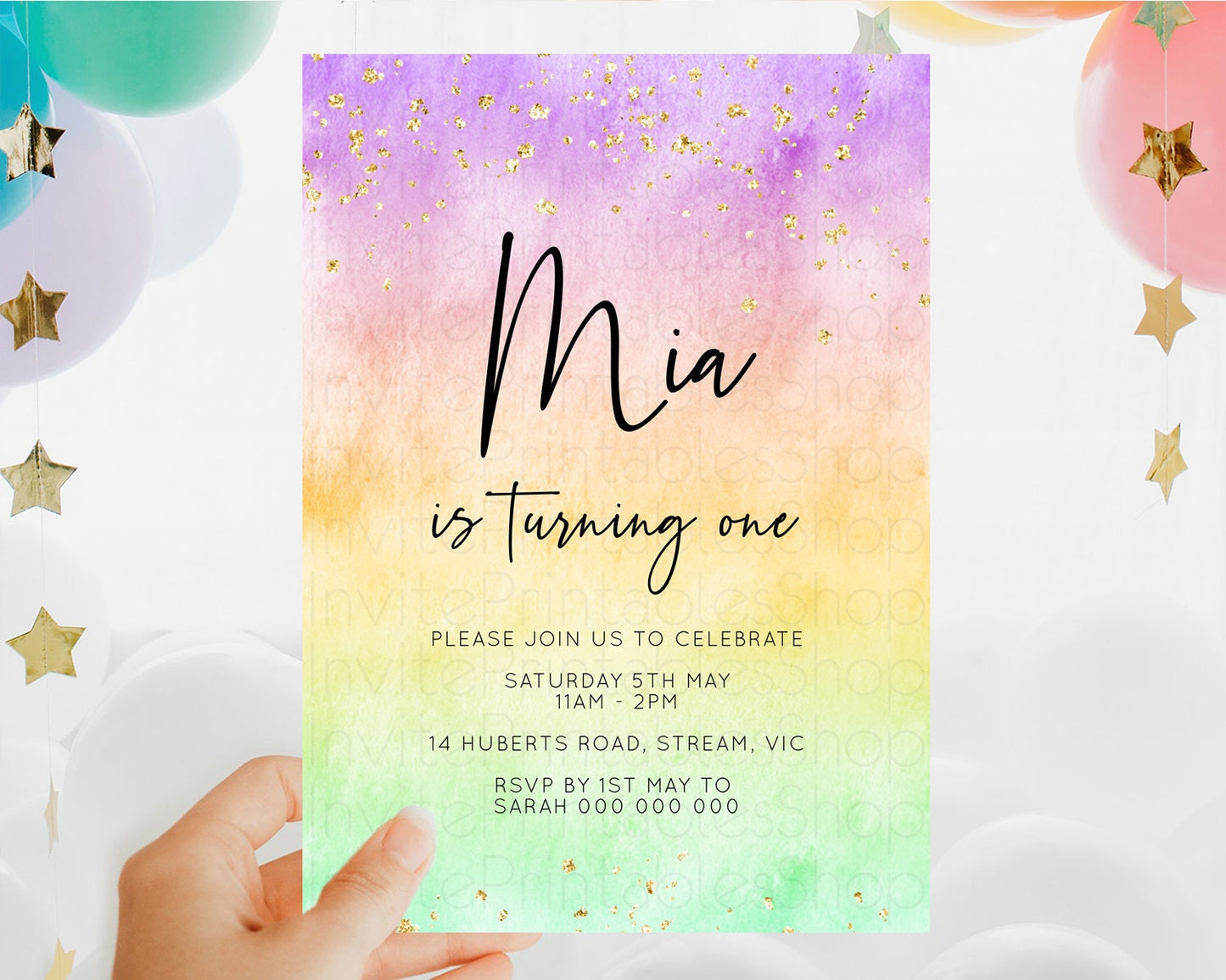 Rainbow Birthday Invitation Colorful Pastel Watercolor Invitation Gold Glitter Sprinkles Ombre Pastel 1st 2nd 3rd Birthday D10514