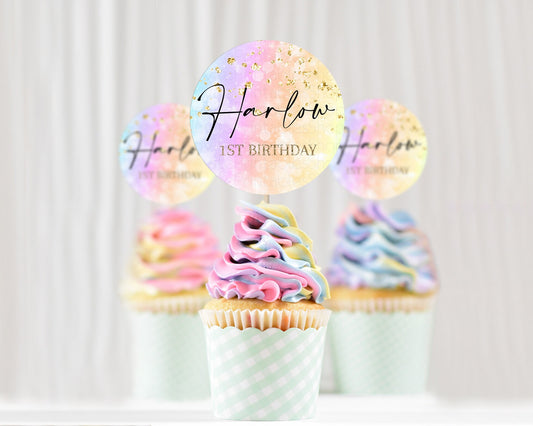 Editable Rainbow Cupcake Toppers Pastel Cupcake Toppers Colorful Pastel Wate