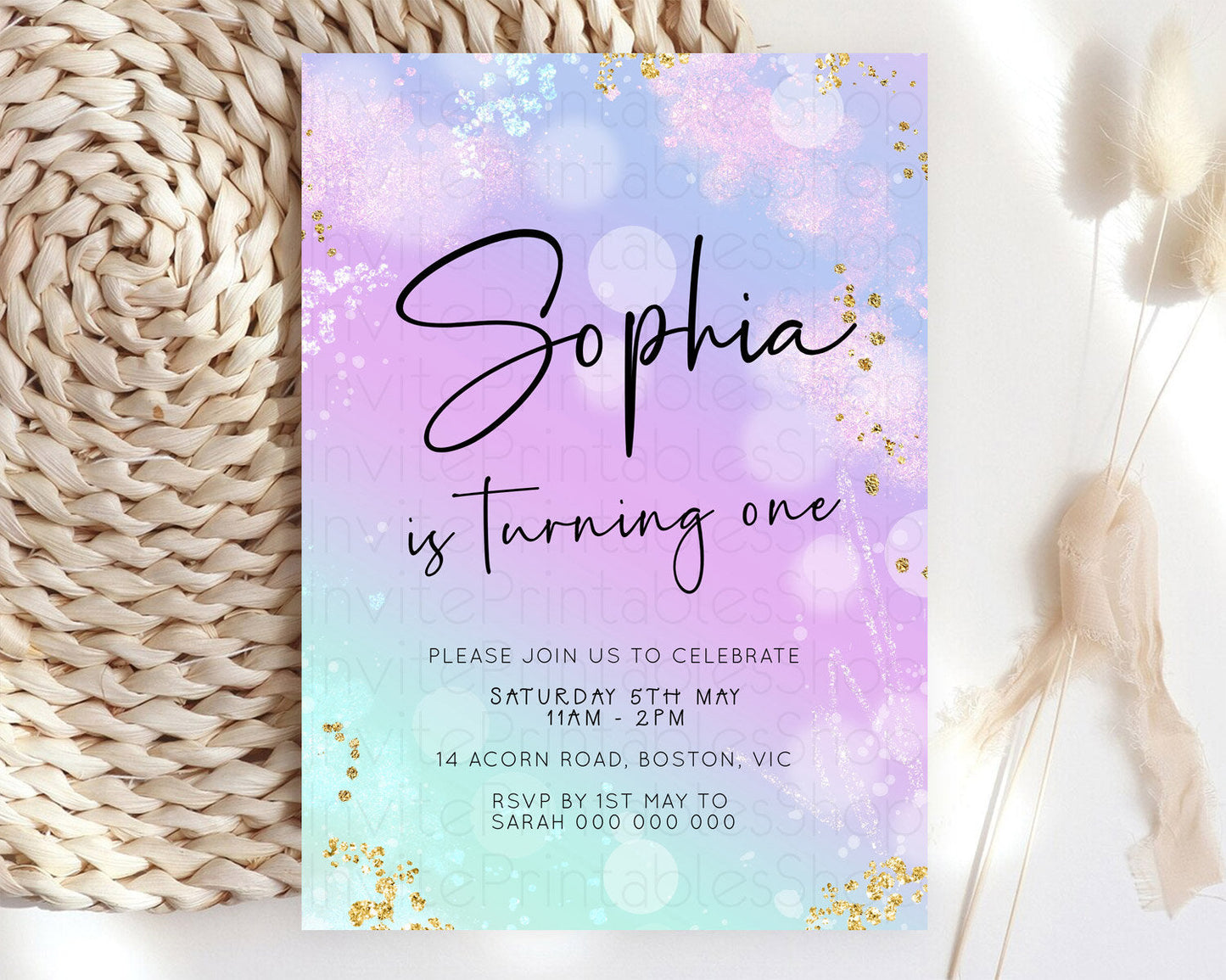 Pastel Birthday Invitation Ombre Watercolor Birthday Invitation Glitter Rainbow Color Splash 1st 2nd 3rd Birthday Invitation D23109