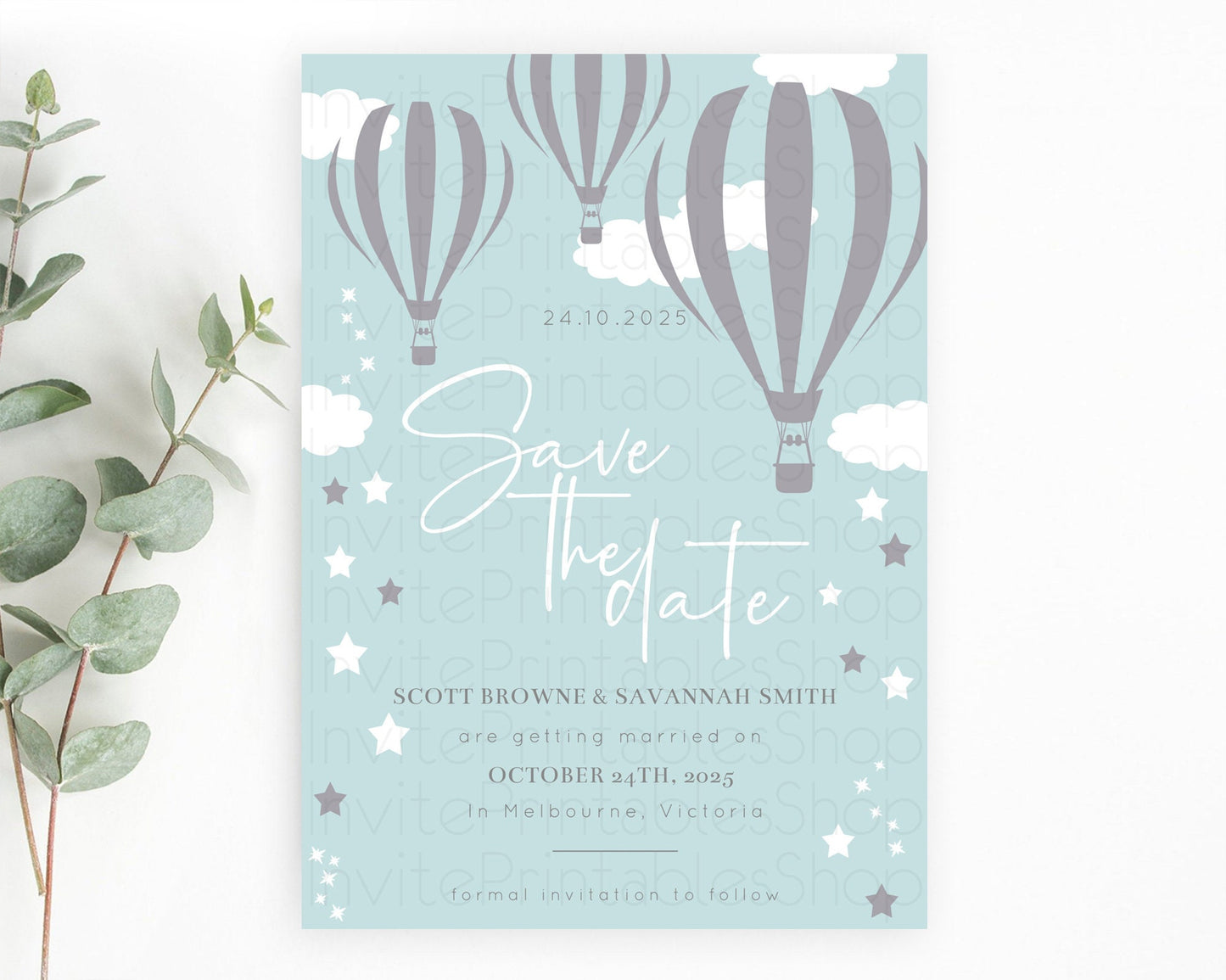 Hot Air Balloon Save The Date Template Adventure Awaits Mr. ONEderful Party 1st Birthday Baptism Baby Shower D10324