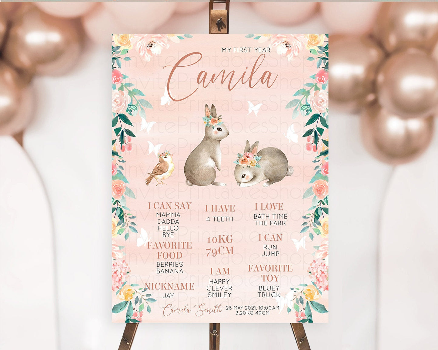 Bunny First Birthday Milestone Board Floral Bunny Milestone Poster Pastel Flowers Woodland Bunny Milestone 1st Birthday Welcome Sign D10922