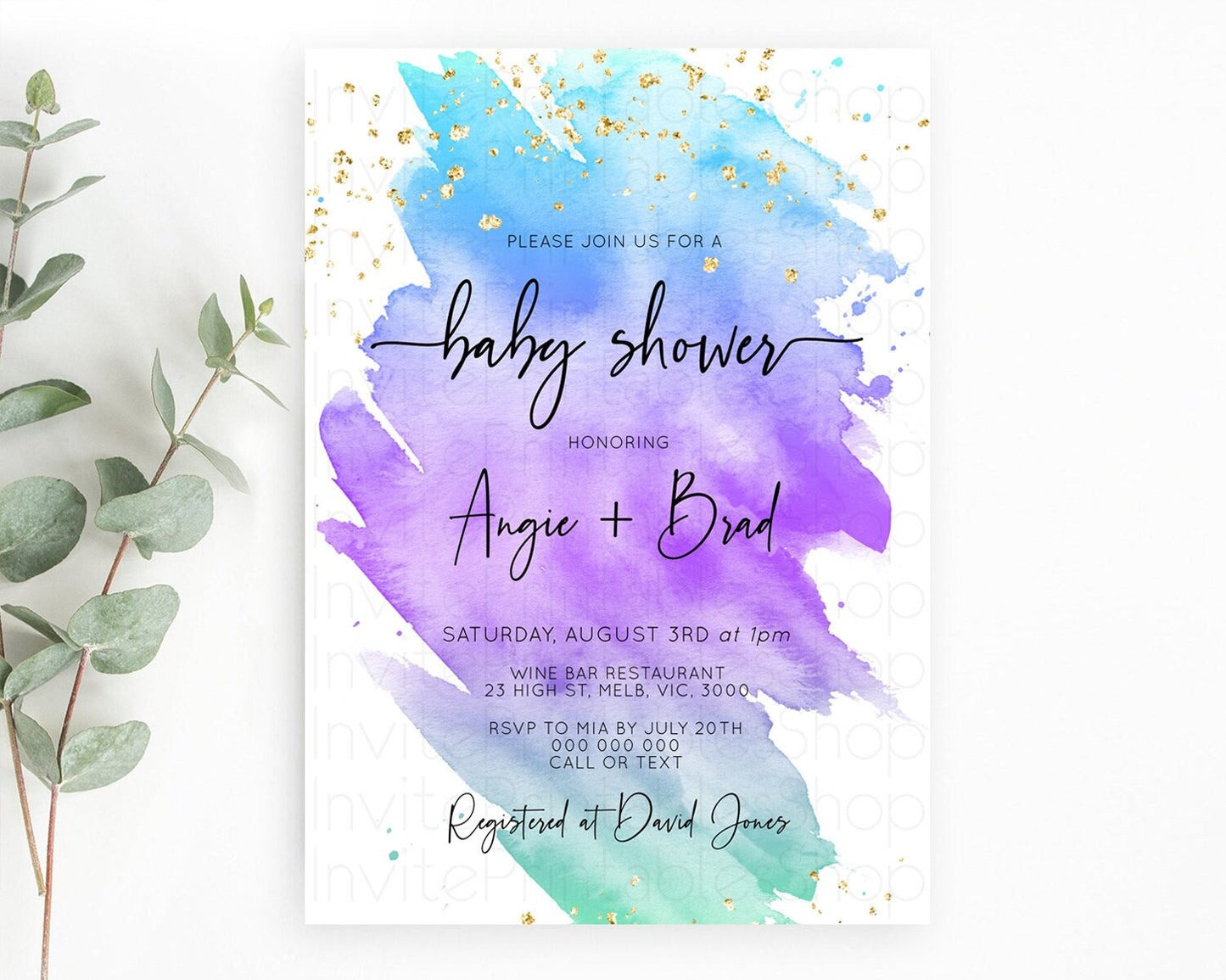 Pastel Baby Shower Invitation Rainbow Baby Shower Invitation Colorful Pastel Watercolor Invitation Gold Glitter Sprinkles Ombre D10491