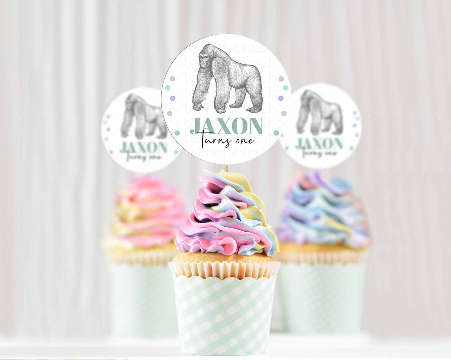 Gorilla Cupcake Toppers Jungle Gorilla Cupcake Gorilla Party Decor Gorilla Jungle Adventure Zoo Green Palm Leaf Fern First Birthday D10854