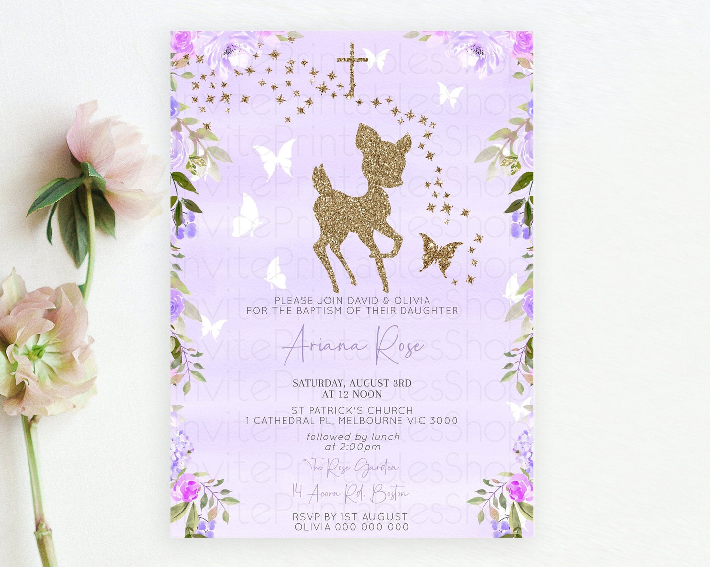 Fawn Baptism Invitation Deer Baptism 1st Birthday Invitation Enchanted Forest Christening Invitation Pastel Garden Butterfly Floral D10963