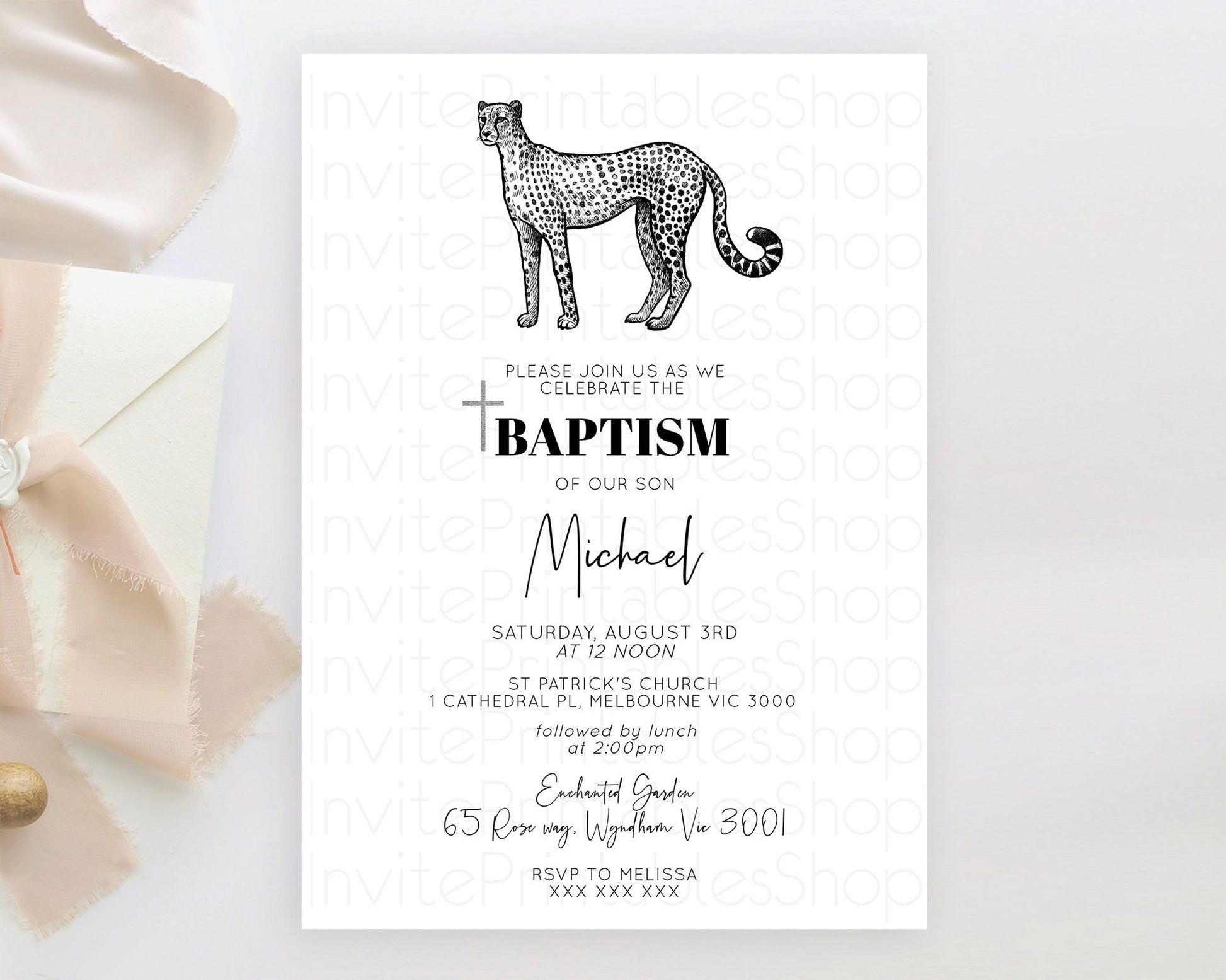 Editable Cheetah Baptism Invitation Cheetah Baptism 1st Birthday Invitation