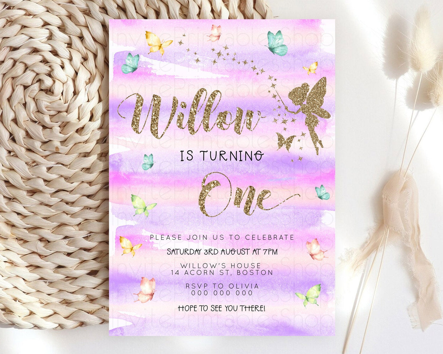 Pastel Fairy Birthday Invitation Pastel Butterflies Fairy Birthday Invitation Rainbow Ombre Watercolor 1st 2nd Birthday Invitation D23313