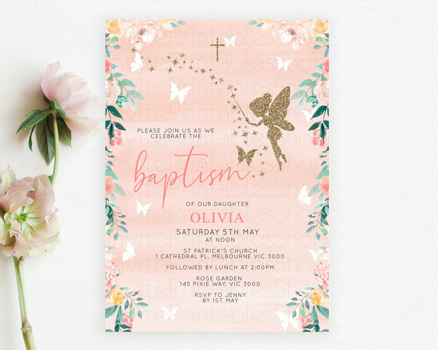 Fairy Baptism Invitation Fairy Baptism 1st Birthday Invitation Enchanted Secret Garden Christening Invite Pastel Floral Butterfly D10792