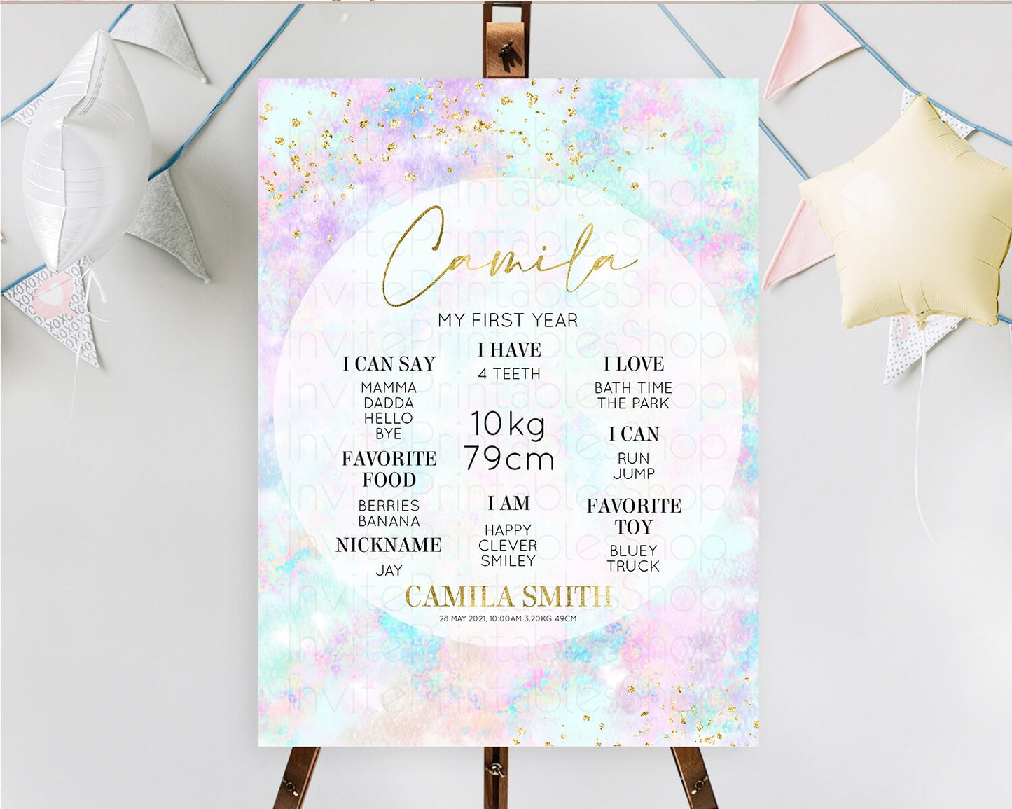 Pastel First Birthday Milestone Board Pastel Rainbow Milestone Poster Colorful Confetti Watercolor Glitter 1st Birthday Welcome Sign D10652