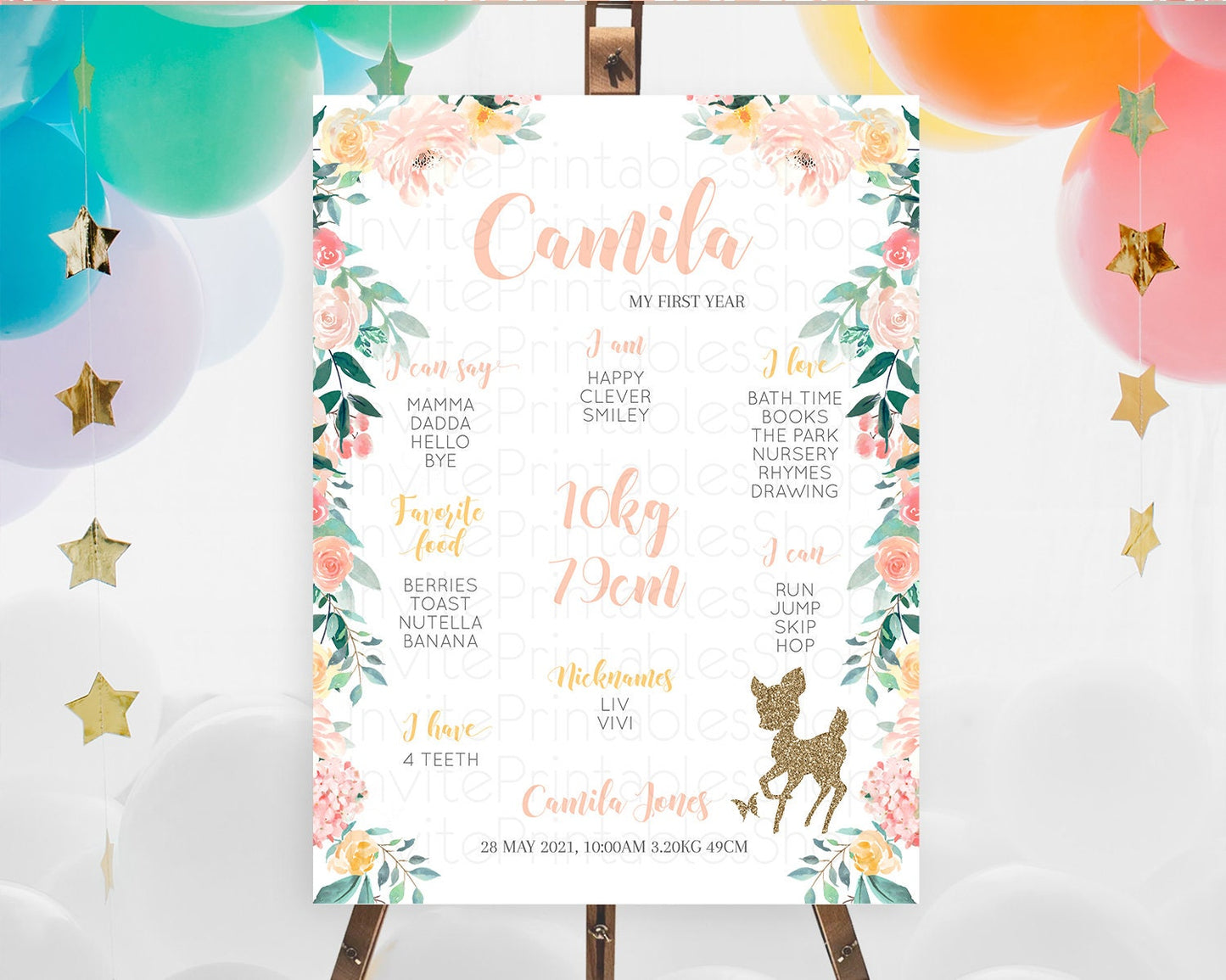 Fawn First Birthday Milestone Board Deer First Birthday Milestone Poster Enchanted Forest Butterfly Pastel Flowers 1st Birthday Sign D10874