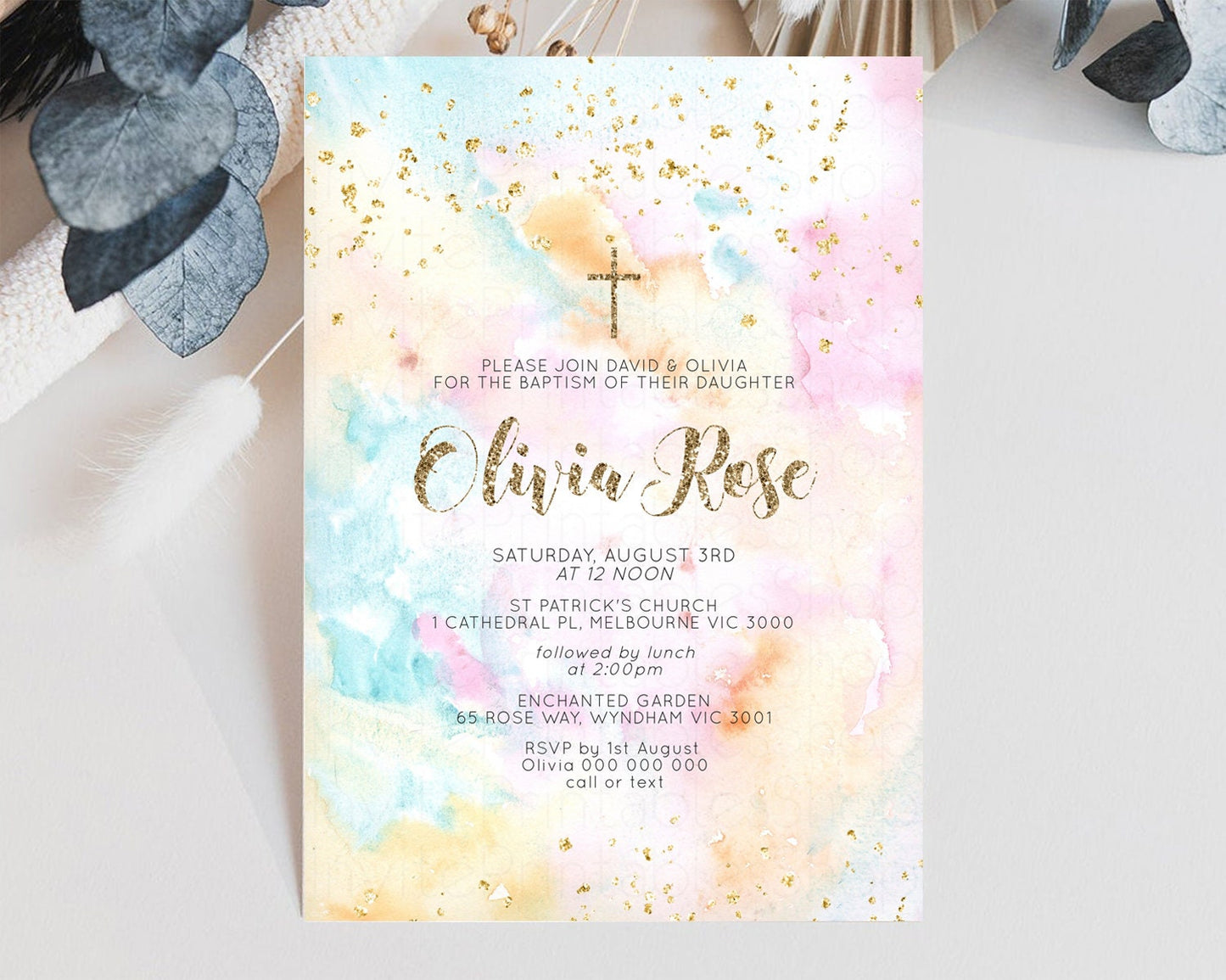 Rainbow Baptism invitation Pastel Rainbow Christening Invite Ombre Watercolor Invite Gold Glitter Sprinkle Splash Gold Cross Invite G566