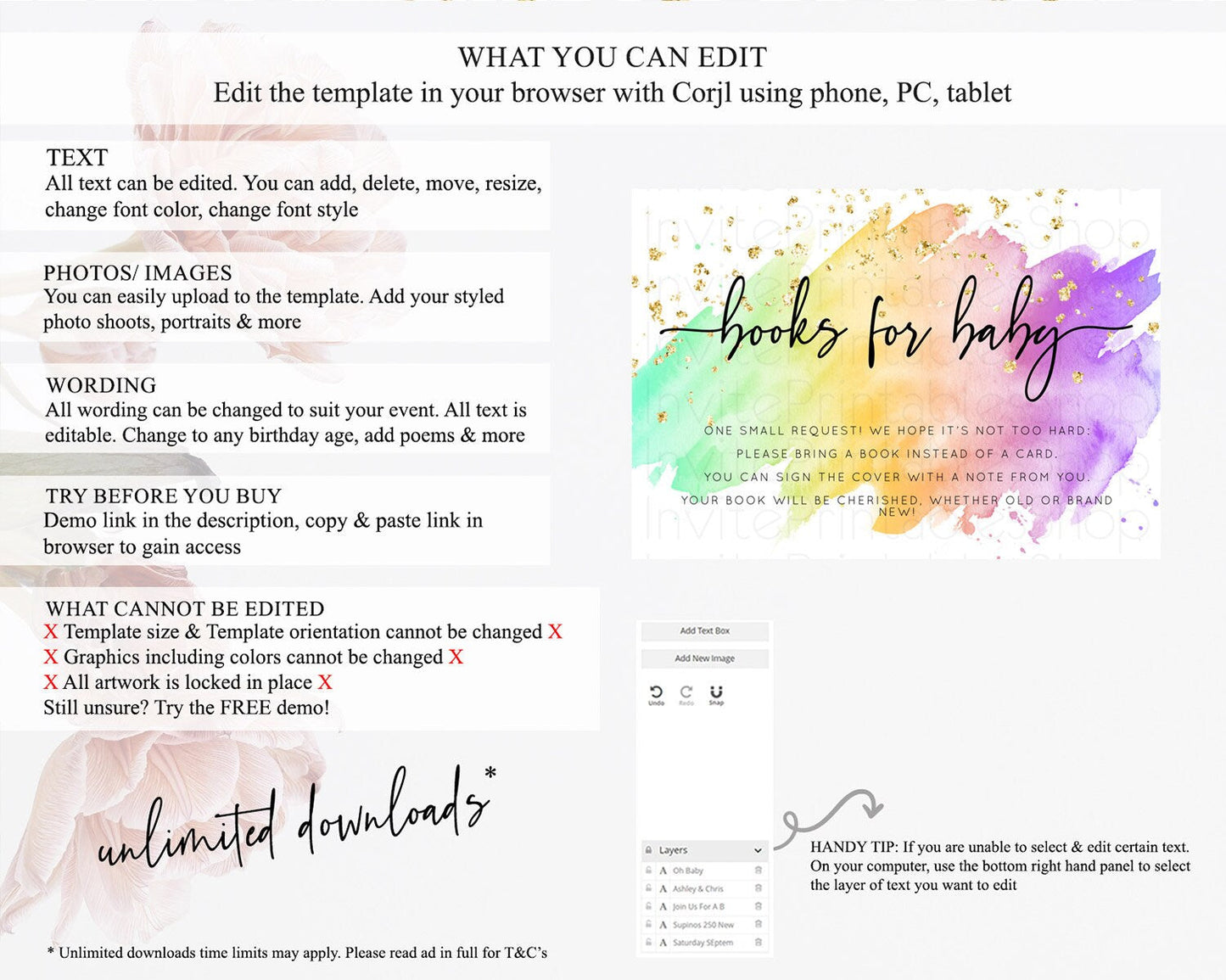 Pastel Books For Baby Card Pastel Rainbow Book Insert Colorful Ombre Watercolor Book Card Confetti Glitter Baby Book Poem Request D10518