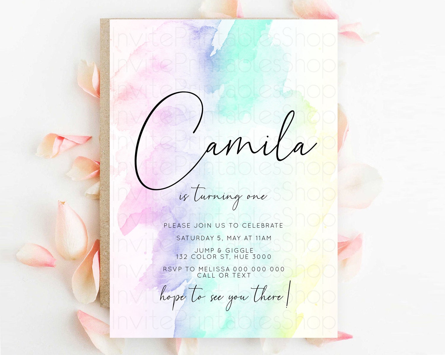 Editable Rainbow Birthday Invitation Colorful Pastel Watercolor Invitation G