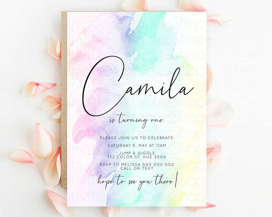 Editable Rainbow Birthday Invitation Colorful Pastel Watercolor Invitation G