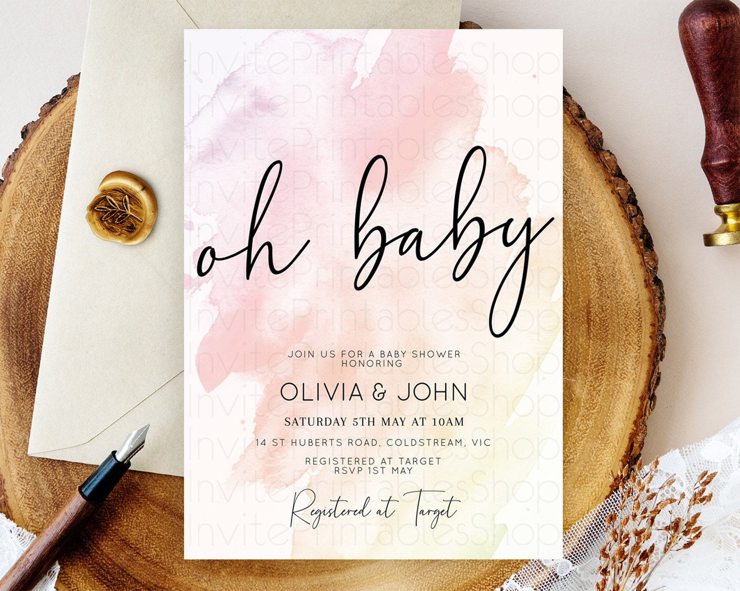 Pink Baby Shower Invitation Pink Watercolor Baby Shower Invitation Pastel Pink Watercolor Invitation Pink Splash Gold Invitation D10164