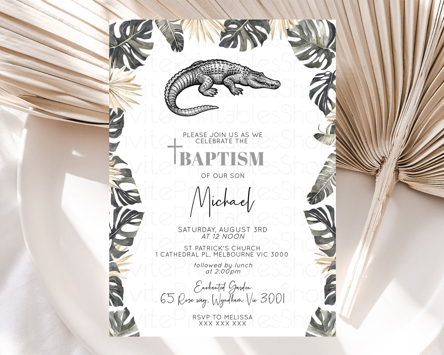 Crocodile Baptism Invitation Alligator Baptism 1st Birthday Invitation Later Alligator Swamp Safari Crocodile Christening Invitation D10830