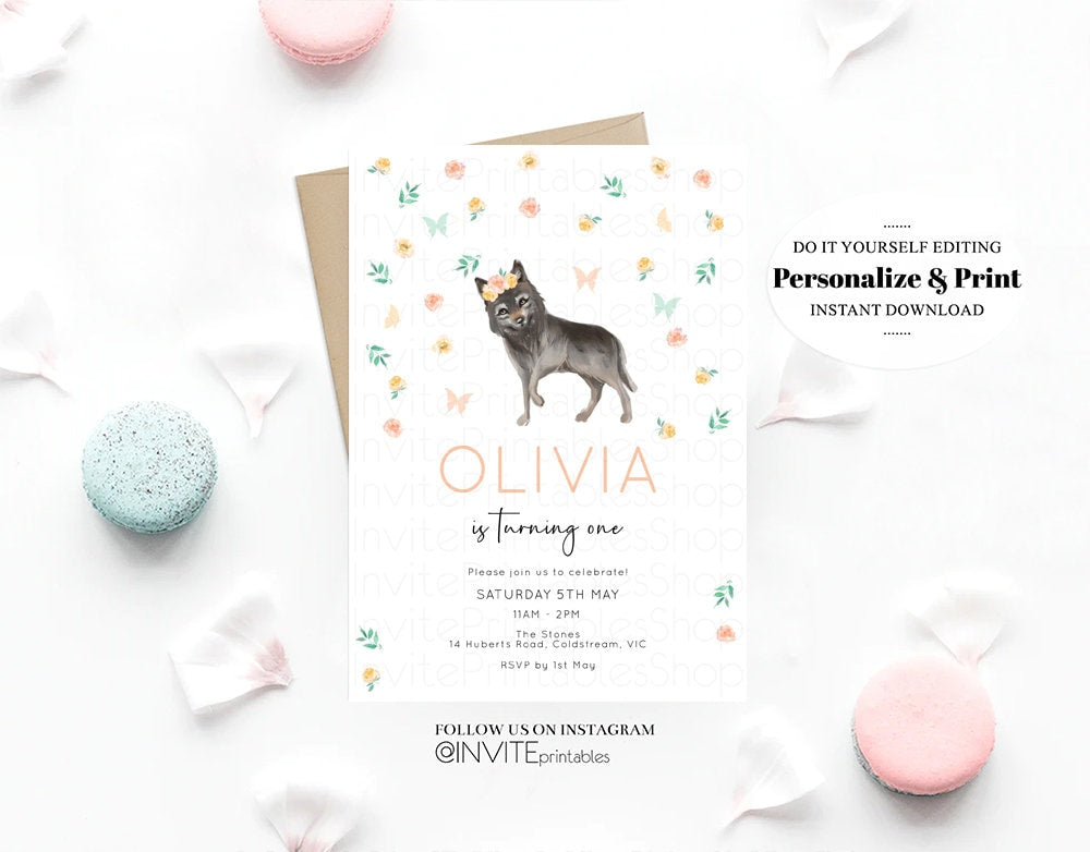 Wolf Invitation Wolf Birthday Invite Grey Baby Wolf Tribal Boho Pink Pastel Flower Crown Confetti Floral Garden Custom Invite