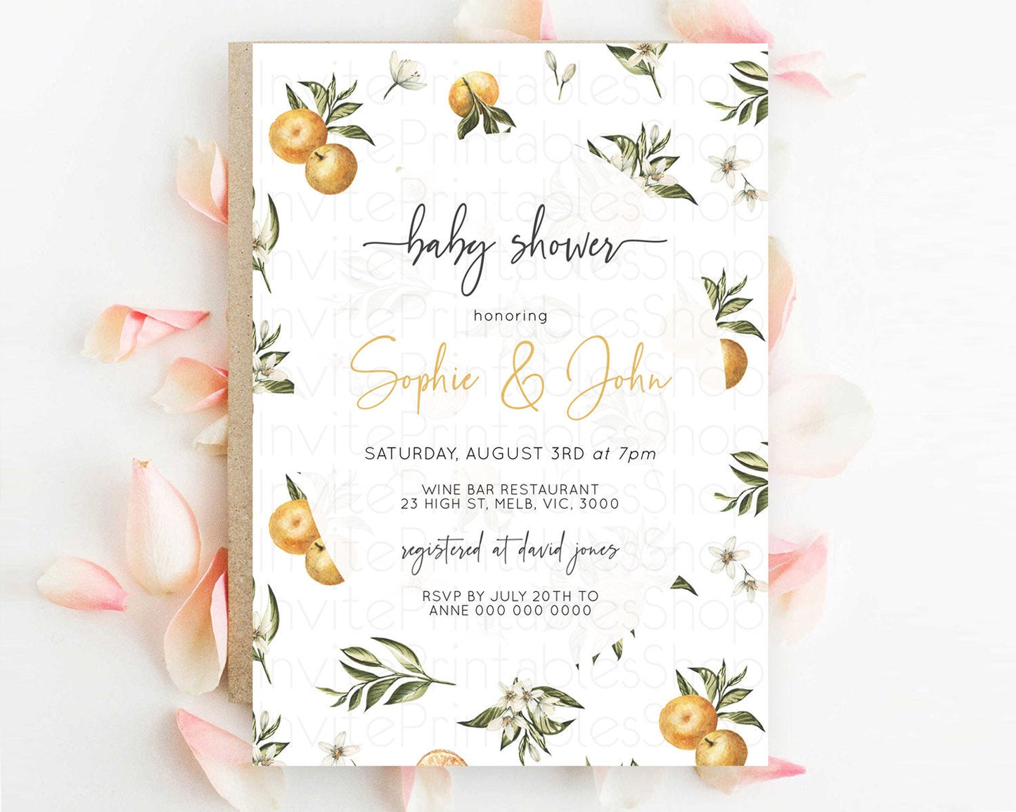 Citrus Baby Shower Invitation Orange Lemon Invitation Citrus Floral Garden Theme Citrus Floral Watercolor Invitation D10545