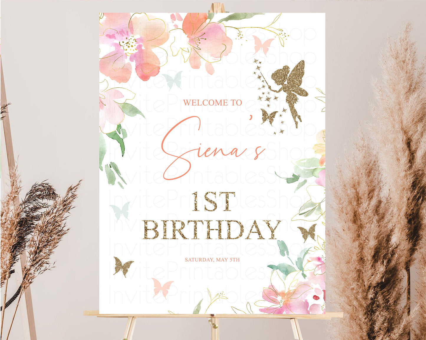 Fairy Floral Birthday Board Pastel Watercolor Welcome Sign Enchanted Garden Welcome Poster 1st Birthday Flower Sign Pink Floral Glitter 91