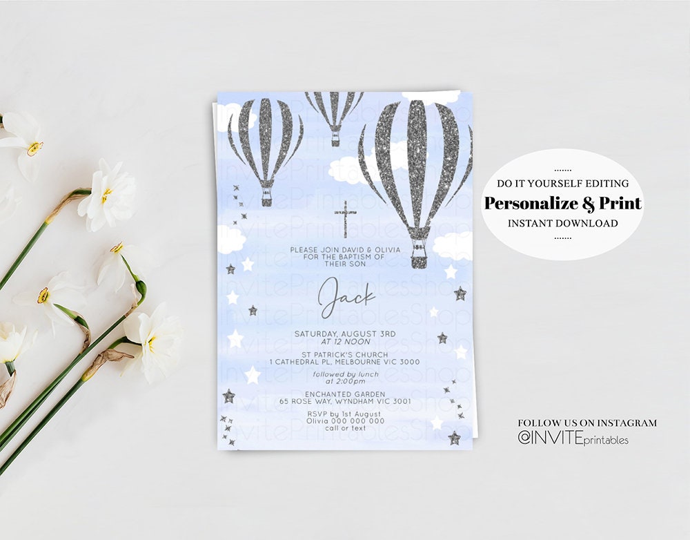 Hot Air Balloon Baptism Christening Invitation Confetti Sprinkle Magical Stars Sky Clouds Orthodox Silver Cross Blue Hotair Balloon