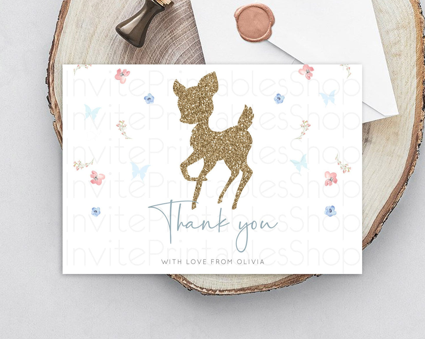 Fawn Thank You Deer Thank You Card Pastel Floral Deer Birthday Thank You Card Enchanted Forest Butterfly Deer Teacher Thank You Card D10359