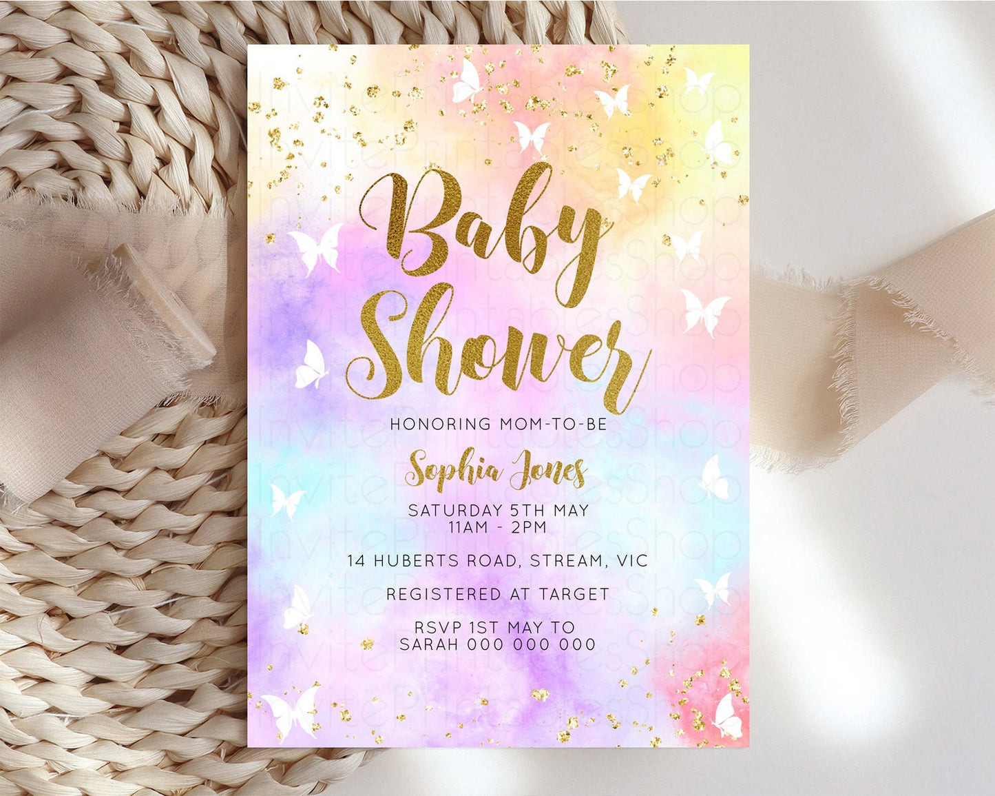 Rainbow Baby Shower Invitation Pastel Baby Sower Invitation Colorful Invite Sprinkle Confetti Watercolor Butterfly Baby Shower Invite D10435