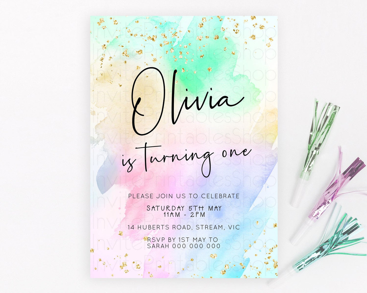 Pastel Birthday Invitation Ombre Watercolor Birthday Invitation Glitter Rainbow Color Splash 1st 2nd 3rd Birthday Invitation D23075