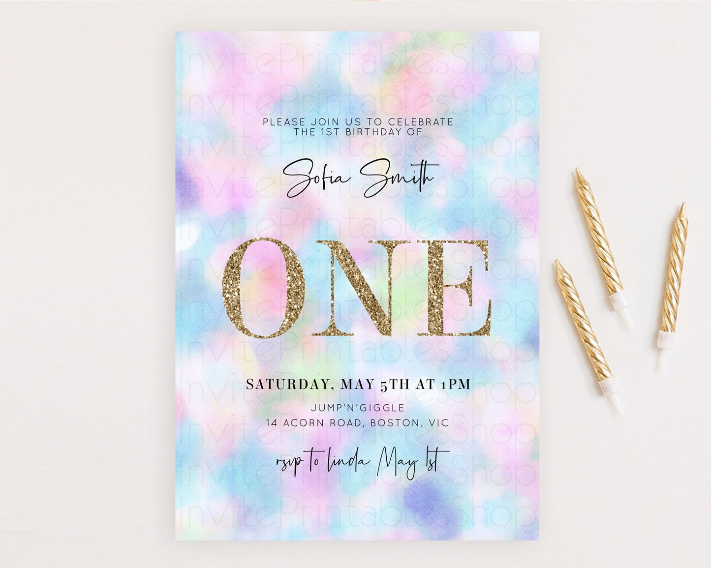 Rainbow Birthday Invitation Colorful Pastel Watercolor Invitation Gold Glitter Sprinkles Ombre Pastel 1st 2nd 3rd Birthday D10694