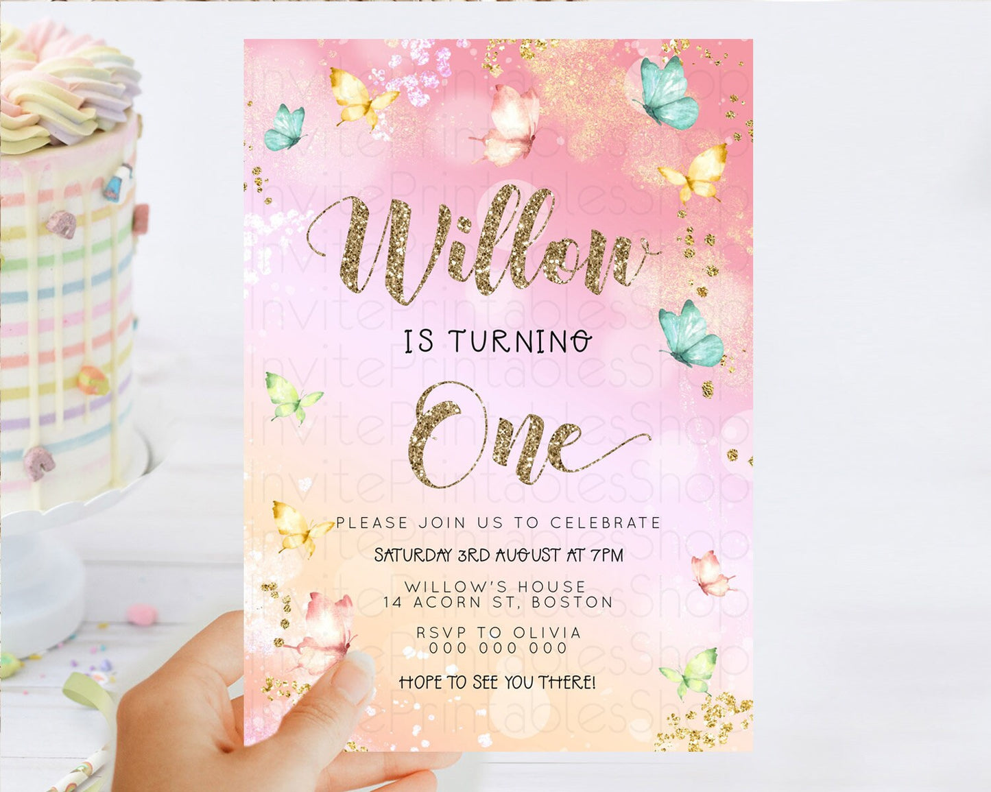 Pastel Butterfly Birthday Invitation Butterfly Birthday Invitation Colorful Splash Glitter Butterfly Garden 1st 2nd Birthday D23077