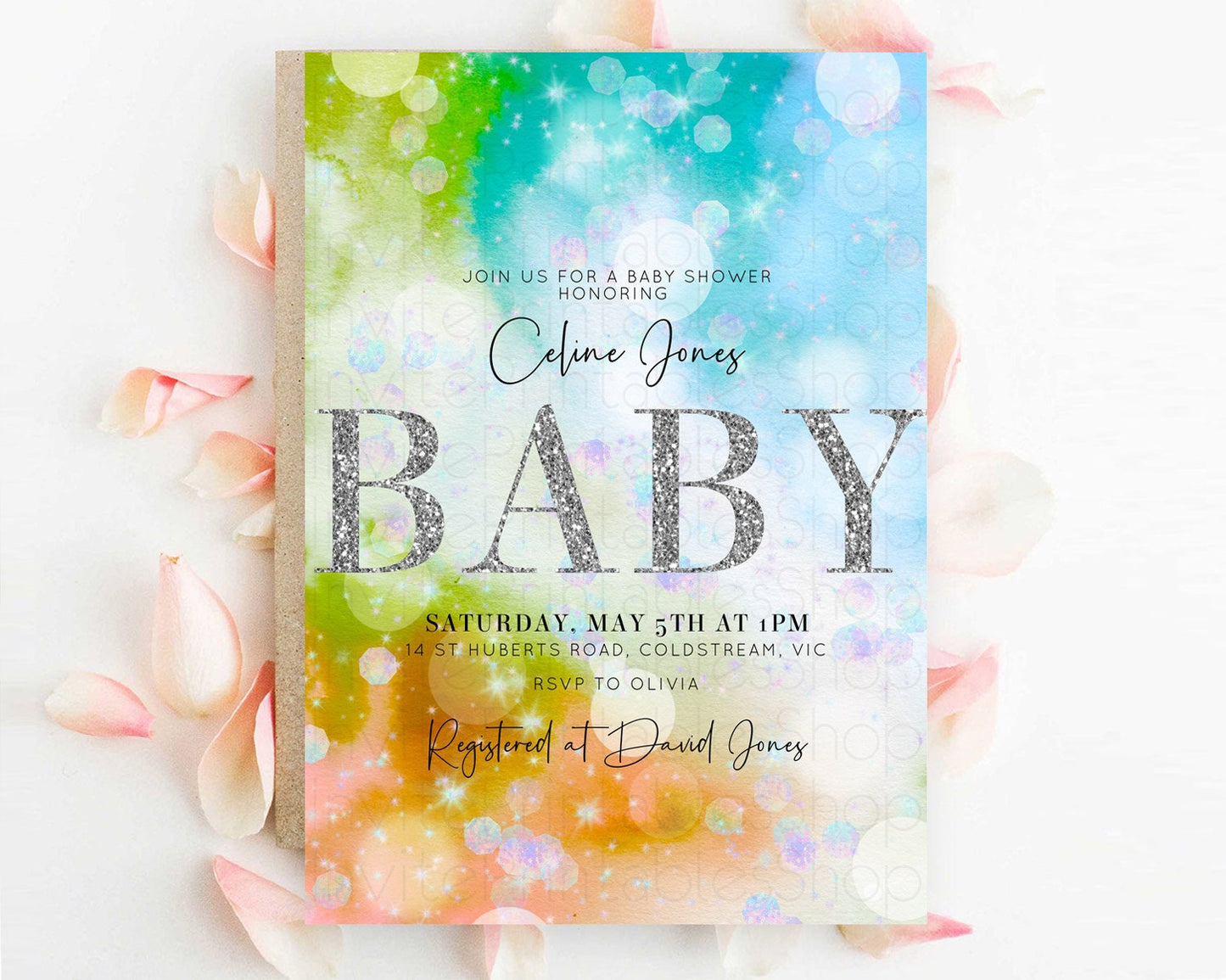 Colorful Baby Shower Invitation: Pastel Watercolor, Ombre Rainbow, Green, Orange, Blue, Silver Glitter, Iridescent Confetti Tie Dye D10692