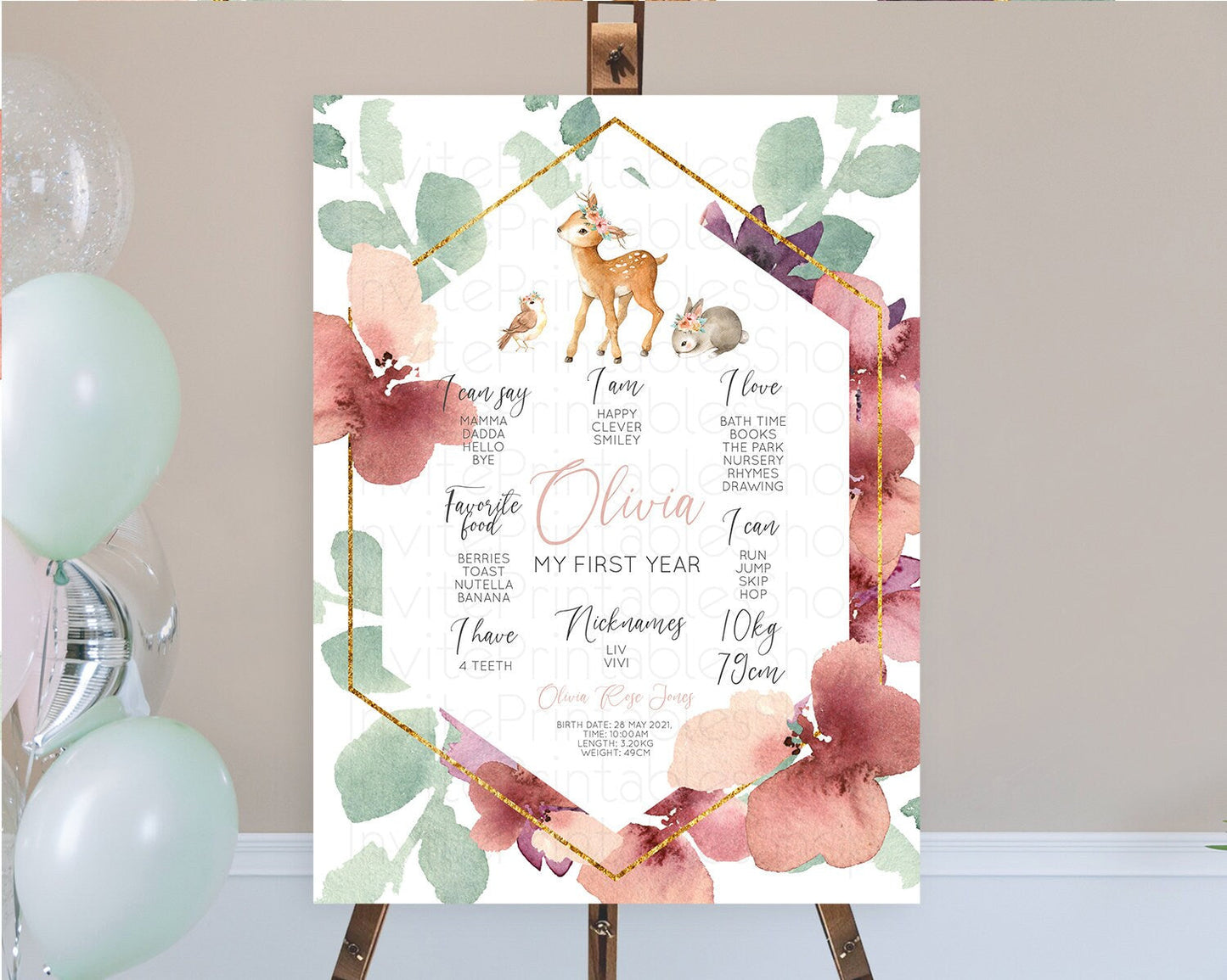 Fawn First Birthday Milestone Board Deer First Birthday Milestone Poster Enchanted Forest Butterfly Pastel Flowers 1st Birthday Sign D10913