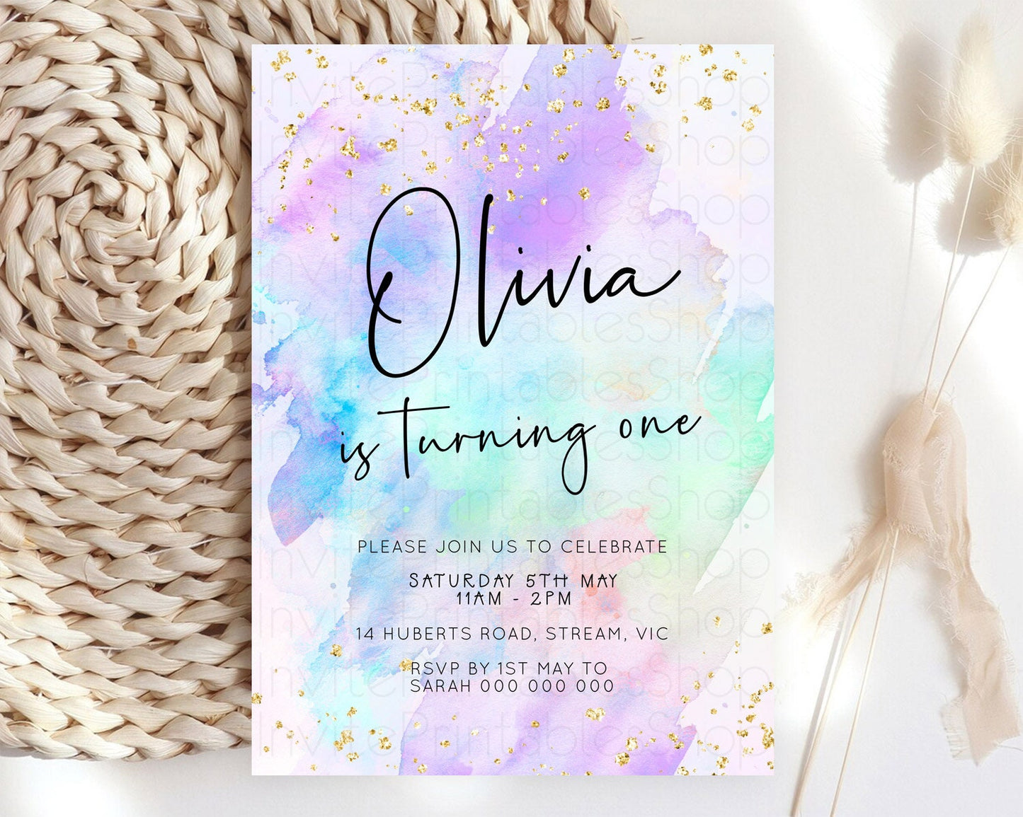 Pastel Birthday Invitation Ombre Watercolor Birthday Invitation Glitter Rainbow Color Splash 1st 2nd 3rd Birthday Invitation D23060