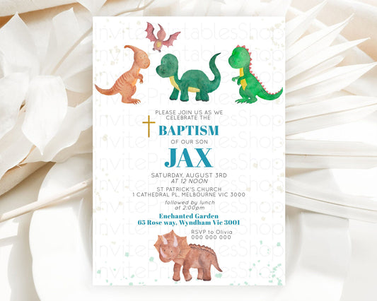 Dinosaur Baptism Invitation Dinosaur Volcano Baptism 1st Birthday Invitation Watercolor T-Rex Raptor Jurassic Christening Invitation D10153