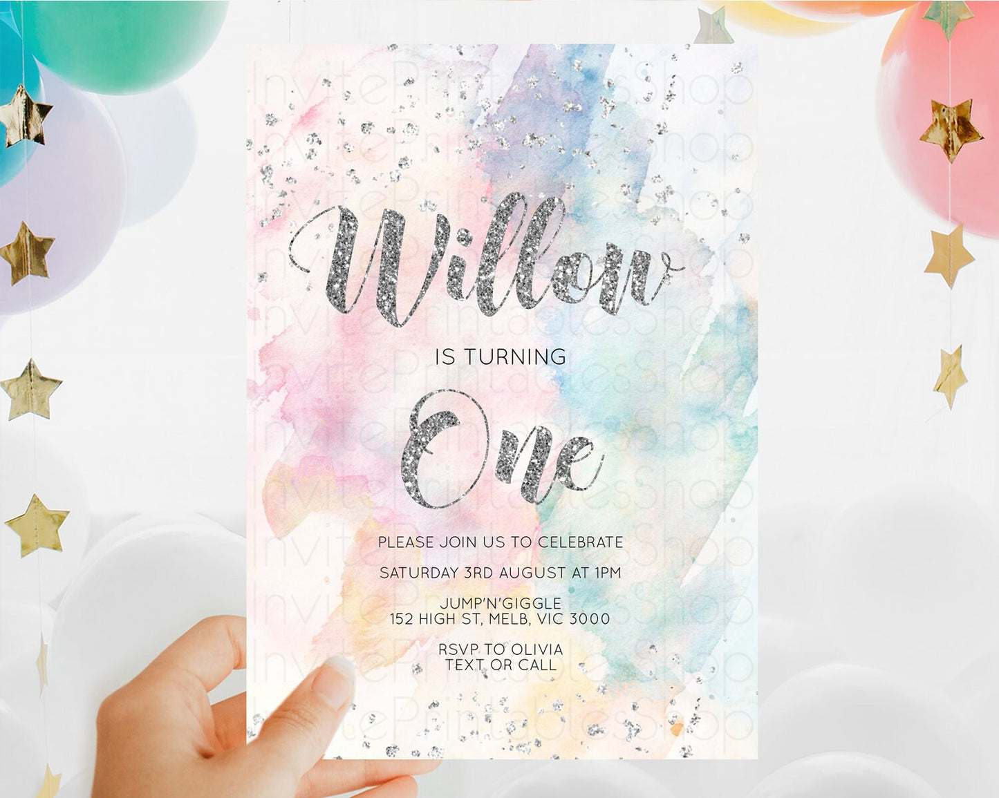 Rainbow Birthday Invitation Colorful Pastel Watercolor Silver Glitter Sprinkles Ombre Pastel Invitation 1st 2nd 3rd First Birthday D10944