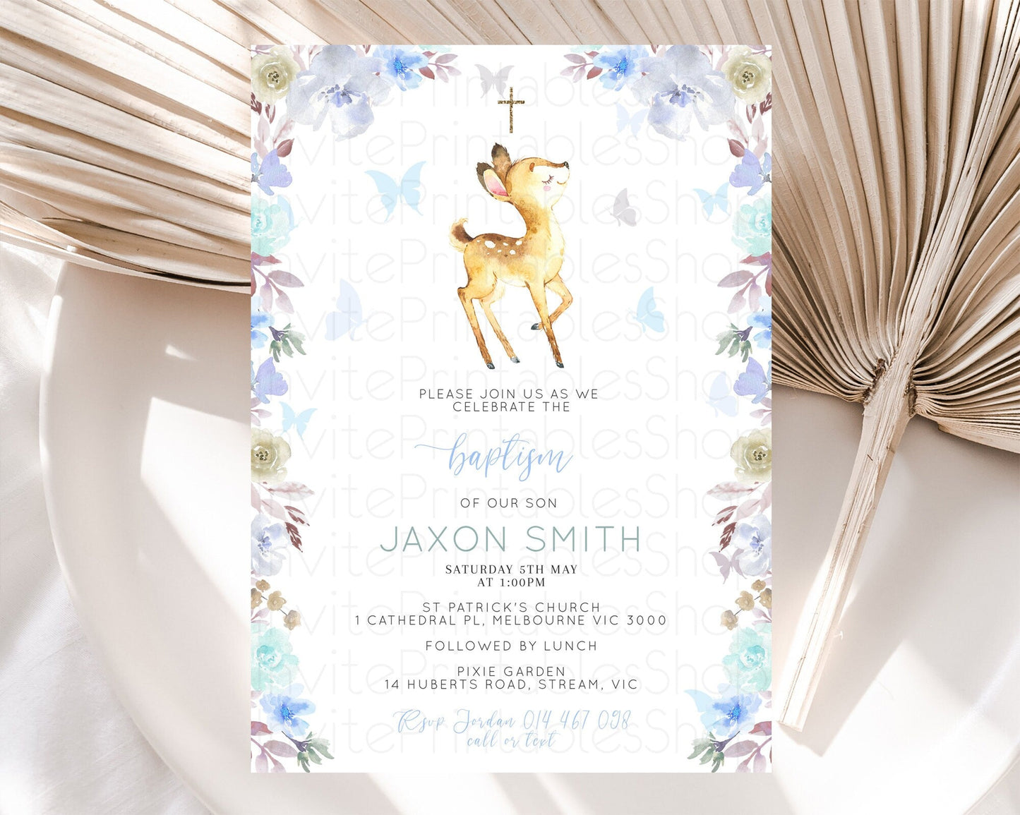 Fawn Baptism Invitation Deer Baptism 1st Birthday Invitation Enchanted Forest Christening Invitation Pastel Garden Butterfly Floral D10960