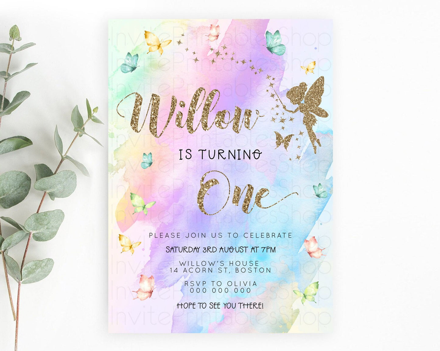 Pastel Fairy Birthday Invitation Pastel Butterflies Fairy Birthday Invitation Rainbow Ombre Watercolor 1st 2nd Birthday Invitation D23342